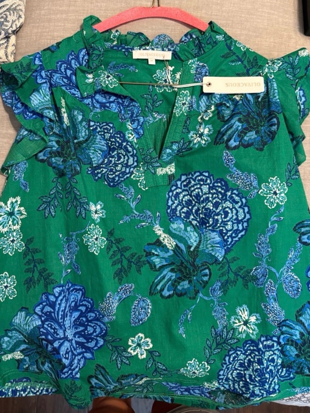 Olivaceous Green Floral Ruffle Sleeve Blouse